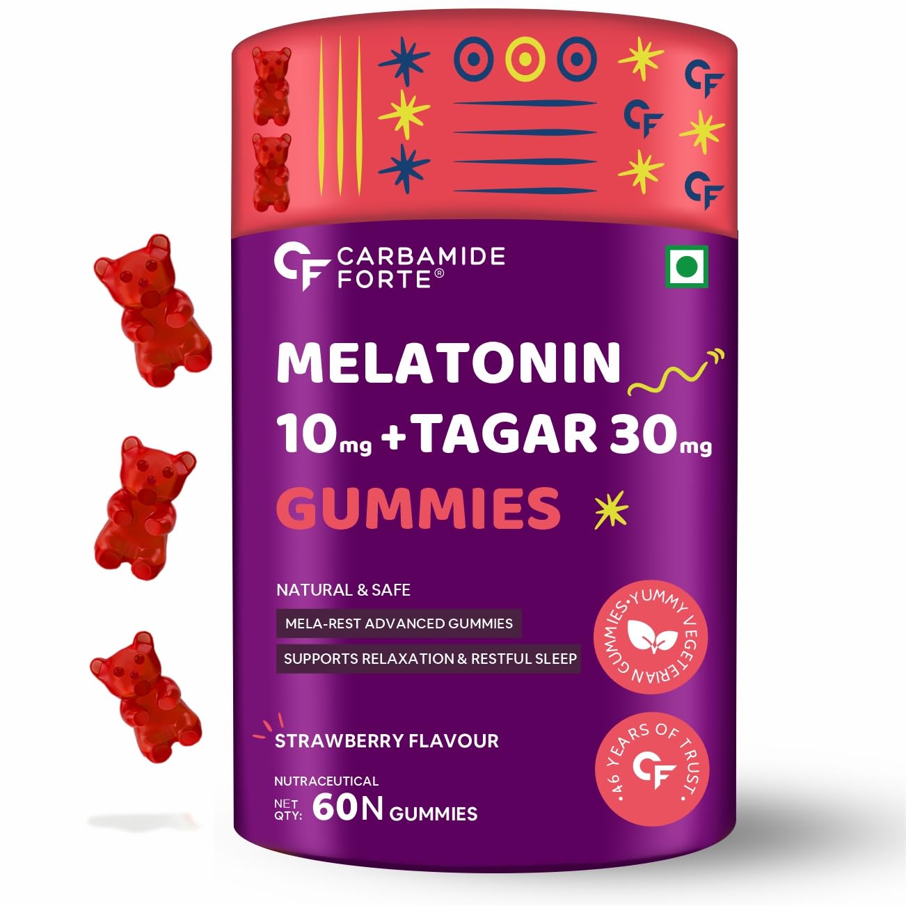 Carbamide Forte Melatonin 10 mg sleep Gummies - with TAGARA, L Tryptophan & Vitamin B6 | Sleep Supplements – 60 Veg Gummies