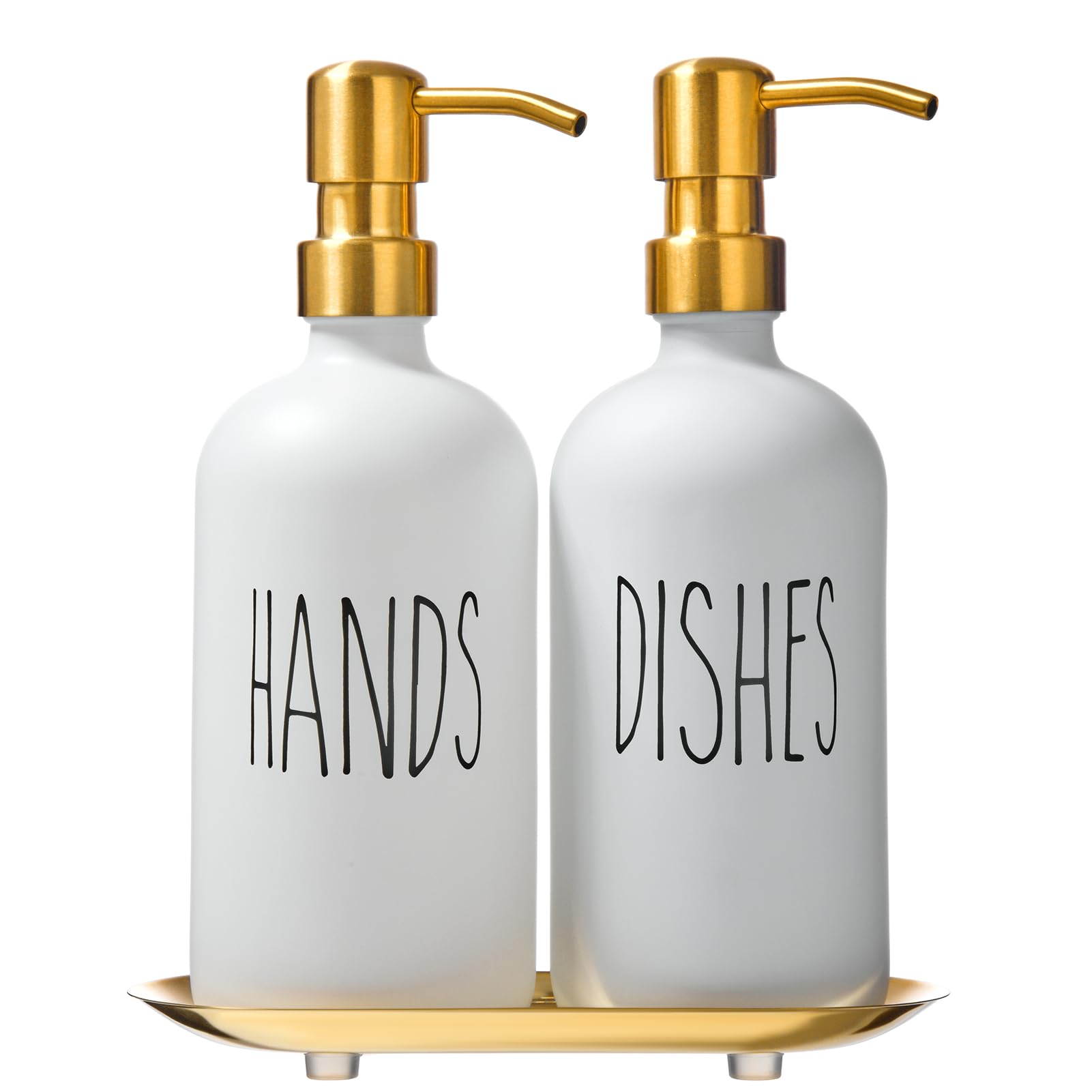 HULISENDish Soap Dispenser with Decorative Tray, 17 oz Kitchen Soap Dispenser Set, Matte Hand and Dish Soap Dispenser Set, Glass Soap Dispenser with Pump for Modern Farmhouse Kitchen Decor, Gold