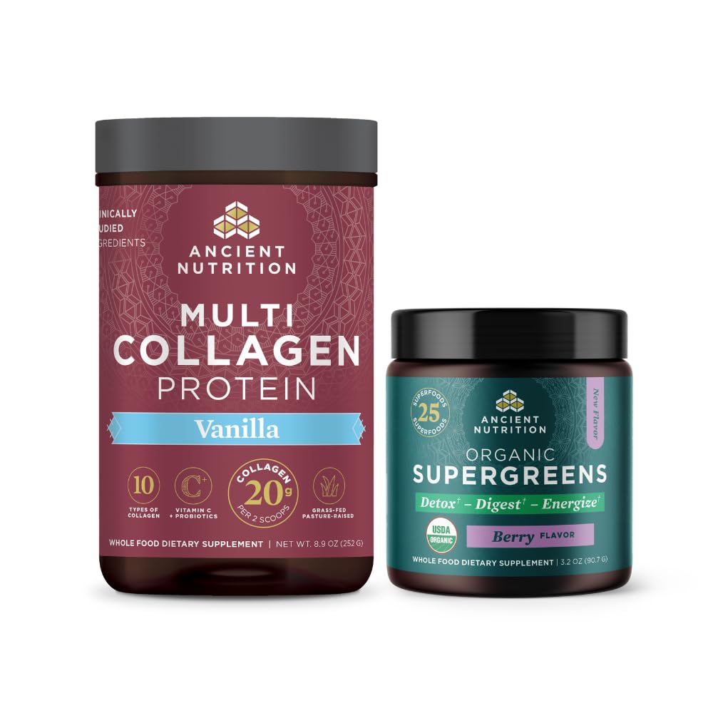 Ancient NutritionMulti Collagen Protein Powder, Vanilla, 24 Servings + Organic Supergreens Powder, Berry, 12 Servings