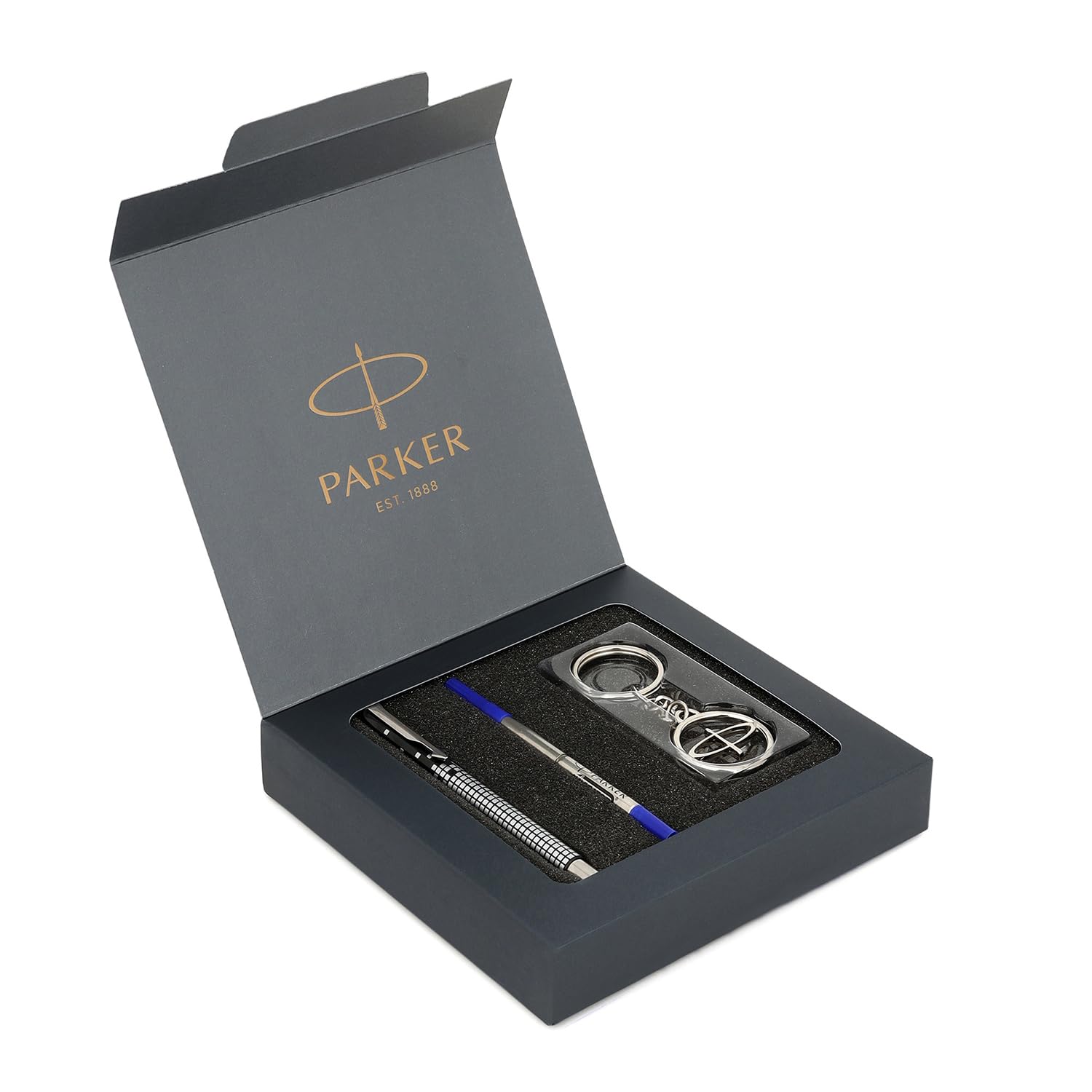 Parker Gift Set - (Parker Vector Special Edition Chrome Trim Roller Ball Pen With Parker Keychain) |1 Pen + 1 Key Chain| Gift Set | Unique Gifts For Entrepreneurs | Gift For Employees