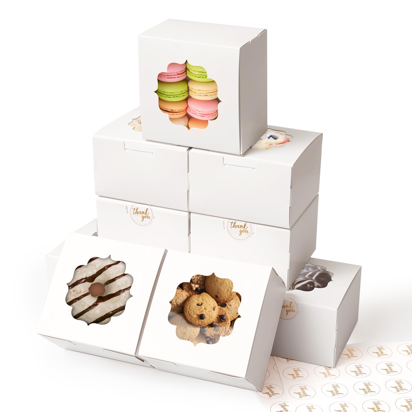 4-Inch Small Cookie Boxes 50 Pcs White - Bakery Treat Boxes with Window for Gifting, To-go Containers for Cake Slice, Macarons, Donuts 4x4x2.5