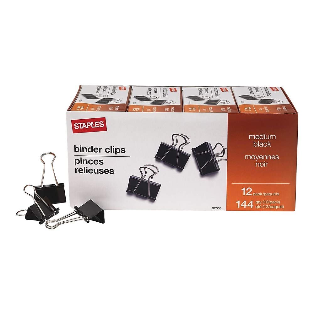 Staples 395200 Medium Binder Clips Bulk Pk Blk 1 1/4-Inch Size with 5/8-Inch Capacity 144/Pk