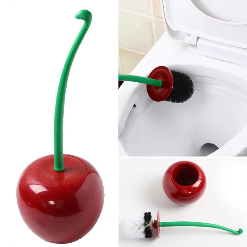 Lovely Cherry Shaped Long Handle Toilet Brush,Bathroom Curved Clean Brushes Tool with Holder for Corner Bending Deep Cleaning Tool Wine Red