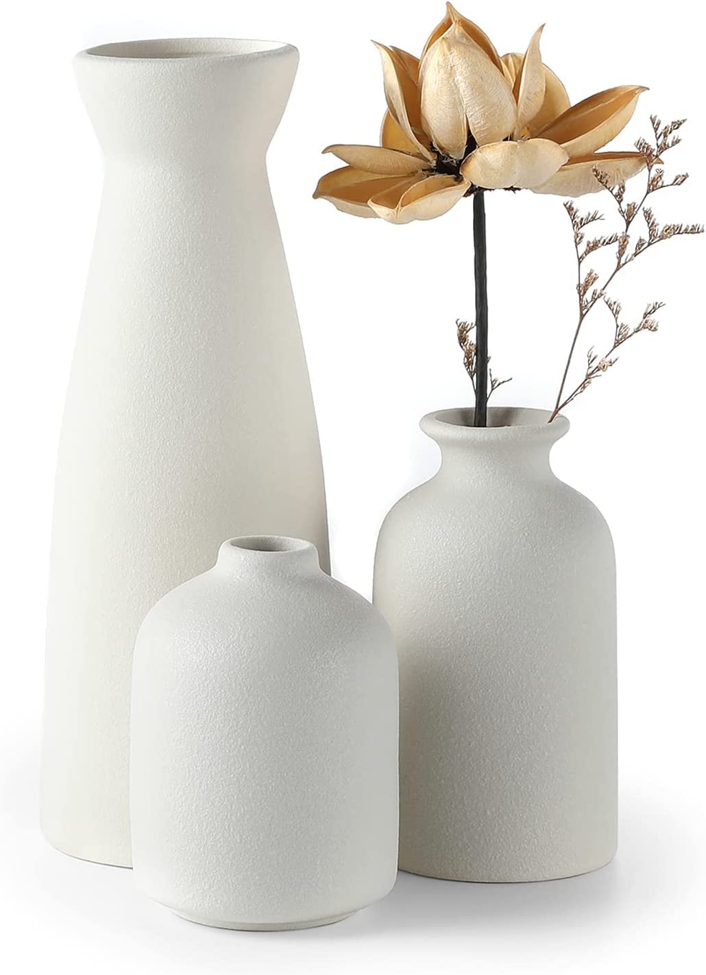 White Ceramic vase Set-3 Small Flower vases for Decor,Modern Boho Farmhouse Home Decor,Modern Home Decor,Decorative vase for Pampas Grass&Dried Flowers,idea Shelf,Table,Bookshelf,Entryway Decor