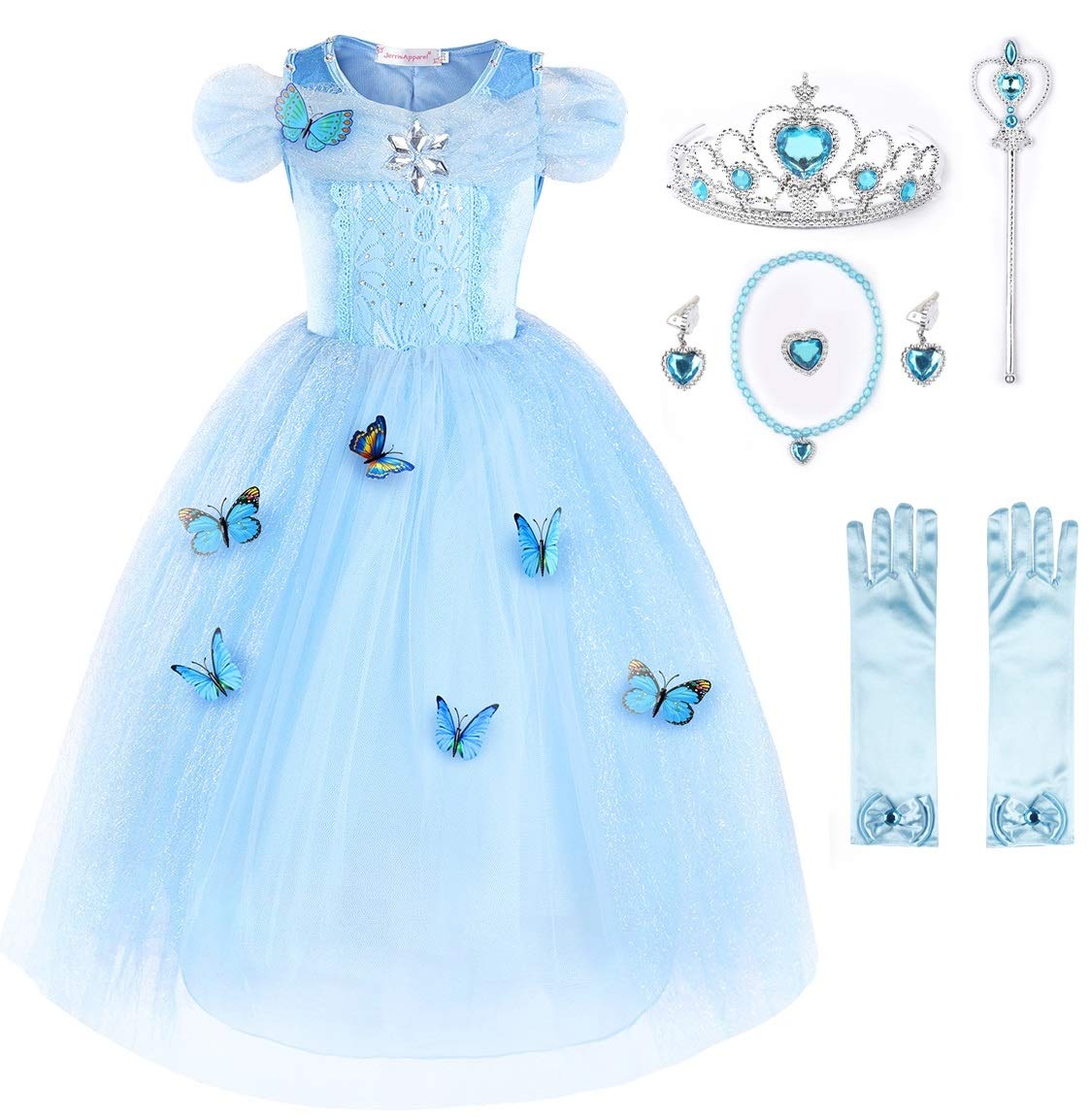 JerrisApparel New Cinderella Dress Princess Costume Butterfly Girl (3 Years, Sky Blue with Accessories)