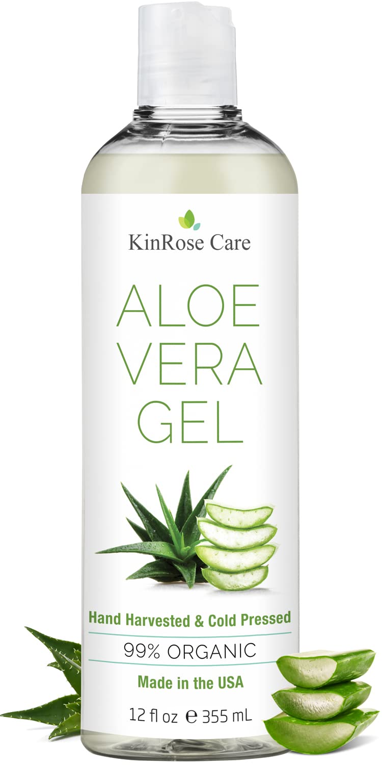 12oz Organic Aloe Vera Gel for Face, Skin, Hair & Sunburn Relief - From 100 Percent Pure Aloe Vera - Cold Pressed, Vegan, Unscented - Made in USA.