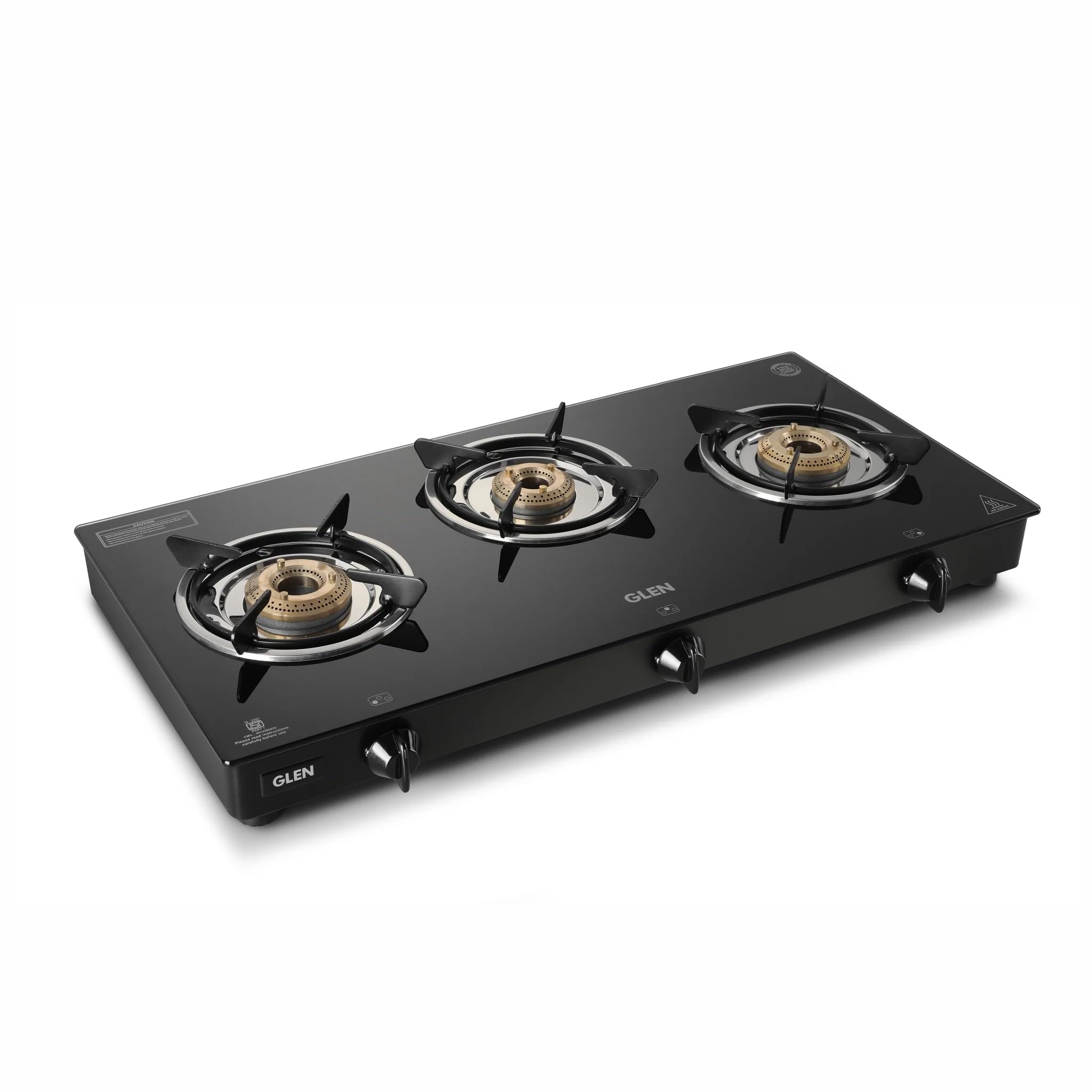 Glen 3 Burner Glass Gas Stove with Brass Burner Black - Manual (1030 GT BB BL)