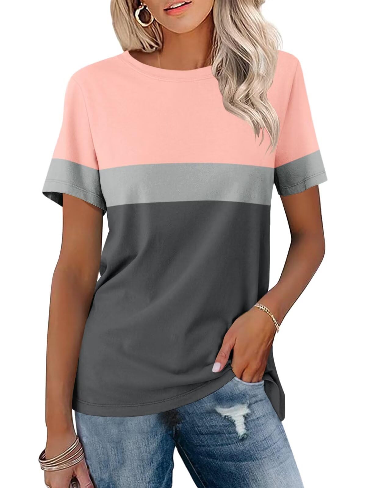 MinetomWomen’s T Shirts Color Block Short Sleeve Tops Casual Summer Tees