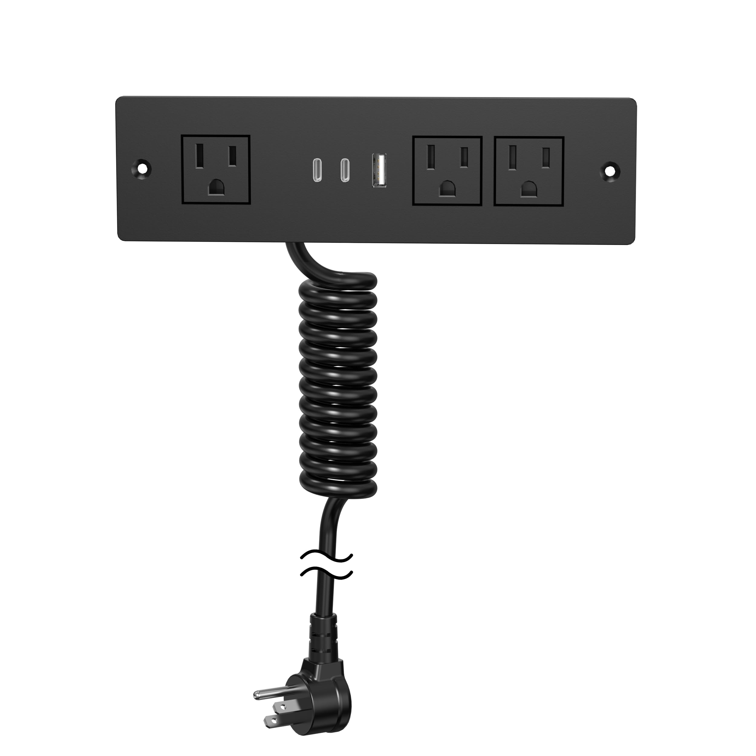 Furniture Drawer Outlet, Recessed Power Strip with (3) PD 20W USB Ports Fast Charging & (3) 15 Amp AC Outlets, (14 AWG) 5 FT Spring Black Cord