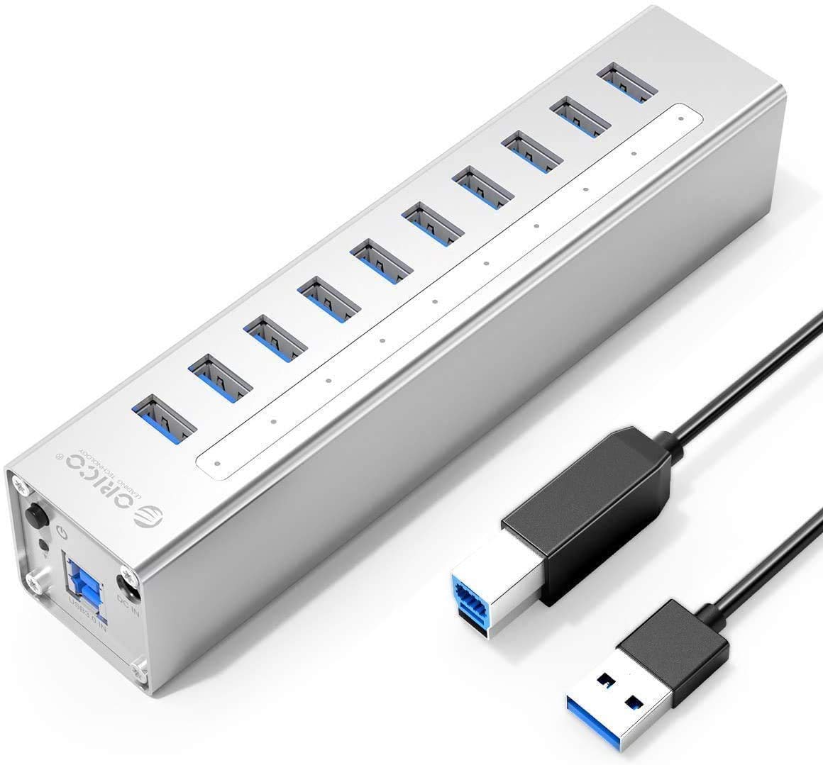 ORICOPowered Aluminium USB 3.0 Hub - 10-Port Data and BC 1.2 Charging Hub (Silver)