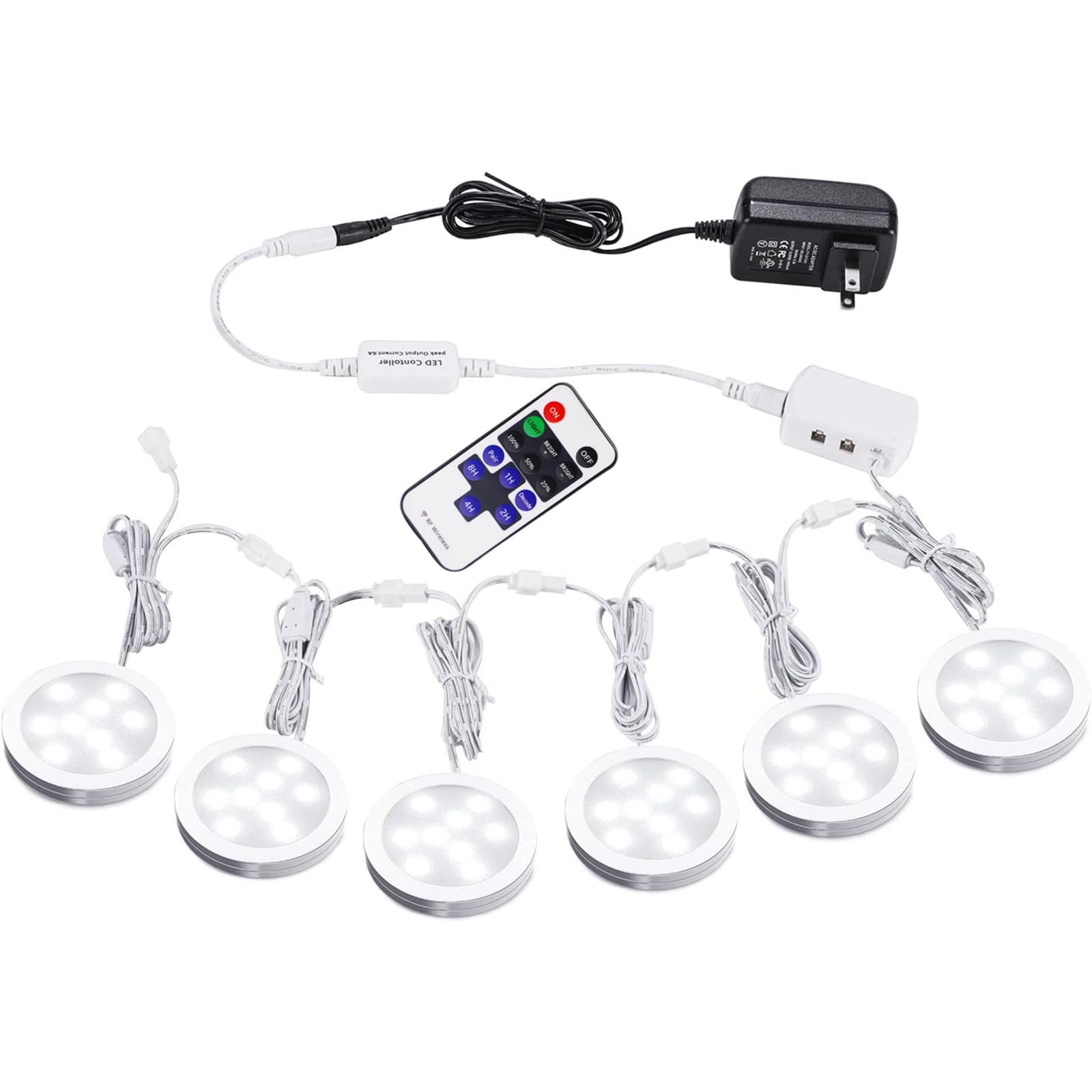 AIBOO Linkable Under Cabinet LED Lighting Kit 12V Slim Dimmable LED Puck Lights with Wireless Controller & UL Listed Wall Plug for Under Counter Lights, Display, Book Case Lighting(6 Pcs, 6000K)