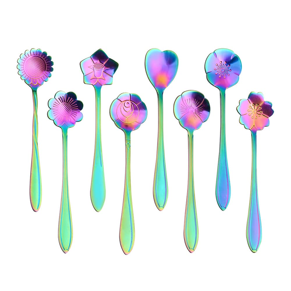 Hasthip 8Pcs Colorful Stainless Steel Coffee Spoon Set, Reusable Teaspoons Coffee Sugar Stirring Spoon, Dessert Cake Spoons Tea Scoops (Rainbow Flower) - 13.1 Cm