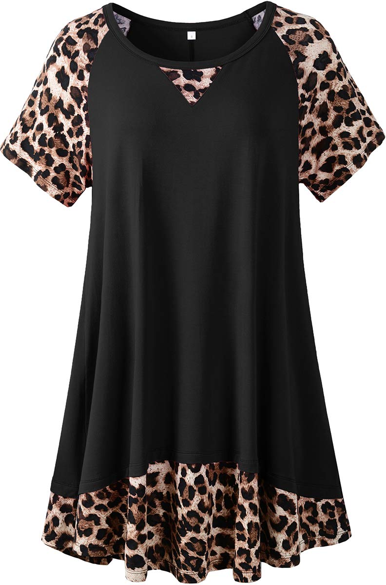 LARACEPlus Size Tops for Womens Summer Short Sleeve Tunic Shirts Crew Neck Leopard Color Block Tee