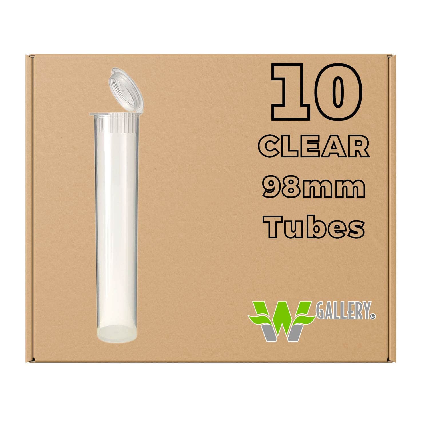 W Gallery10 Clear 98mm Open Cap Pop Top Tubes - Airtight Smell Proof Containers - Plastic Medical Grade Prescription Bottles for Pills Herbs Flowers Supplements, Bulk Pack, Not Glass Jars