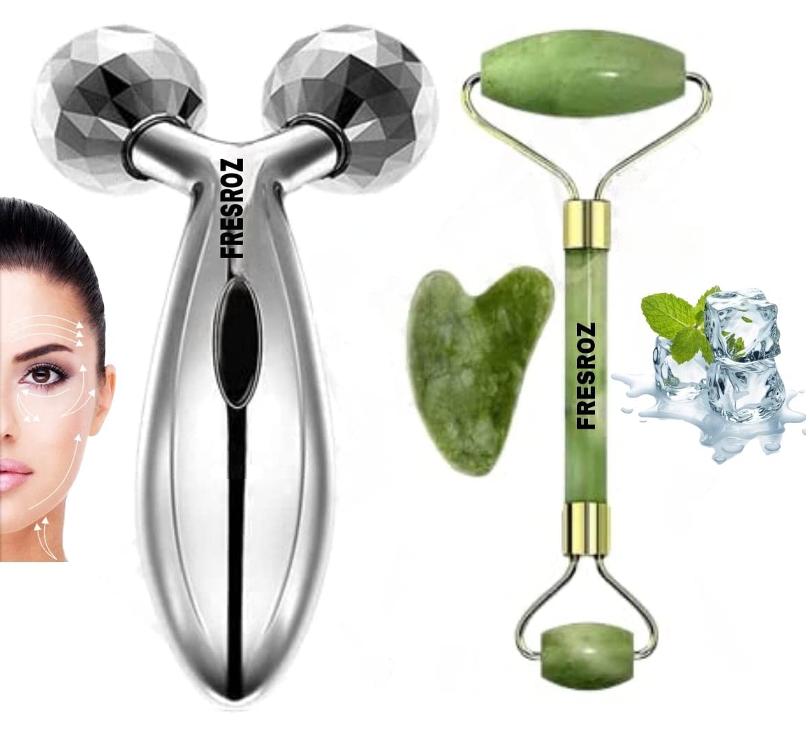 FRESROZ 3D Manual Roller Face Body Massager 360 Rotate With Anti Aging 100% Natural Jade Roller and Gua Sha Stone set Facial Tool For Women Women Skin care