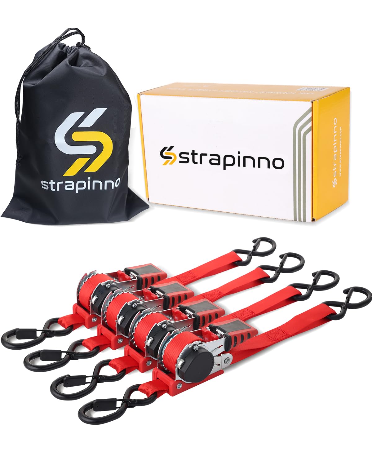 Strapinno Retractable Ratchet Straps 1 in x 10 ft, Secure Tie-Downs with Rubber-Coated Handles & S-Hooks, For Moving Motorcycle, Bike, Kayak, Cargo & Daily Use- Breaking Strength 1,500LBS/680KG (4PCS)