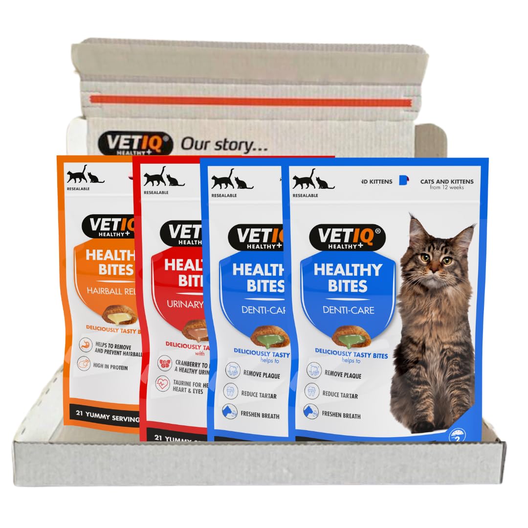 VetIQHealthybites For Cats Variety Pack 4 x 65g Cat Supplement for Breath & Dental Hairball Removal and Urinary Care Tasty Pet Remedy with Chicken Duck Cheese & Catnip