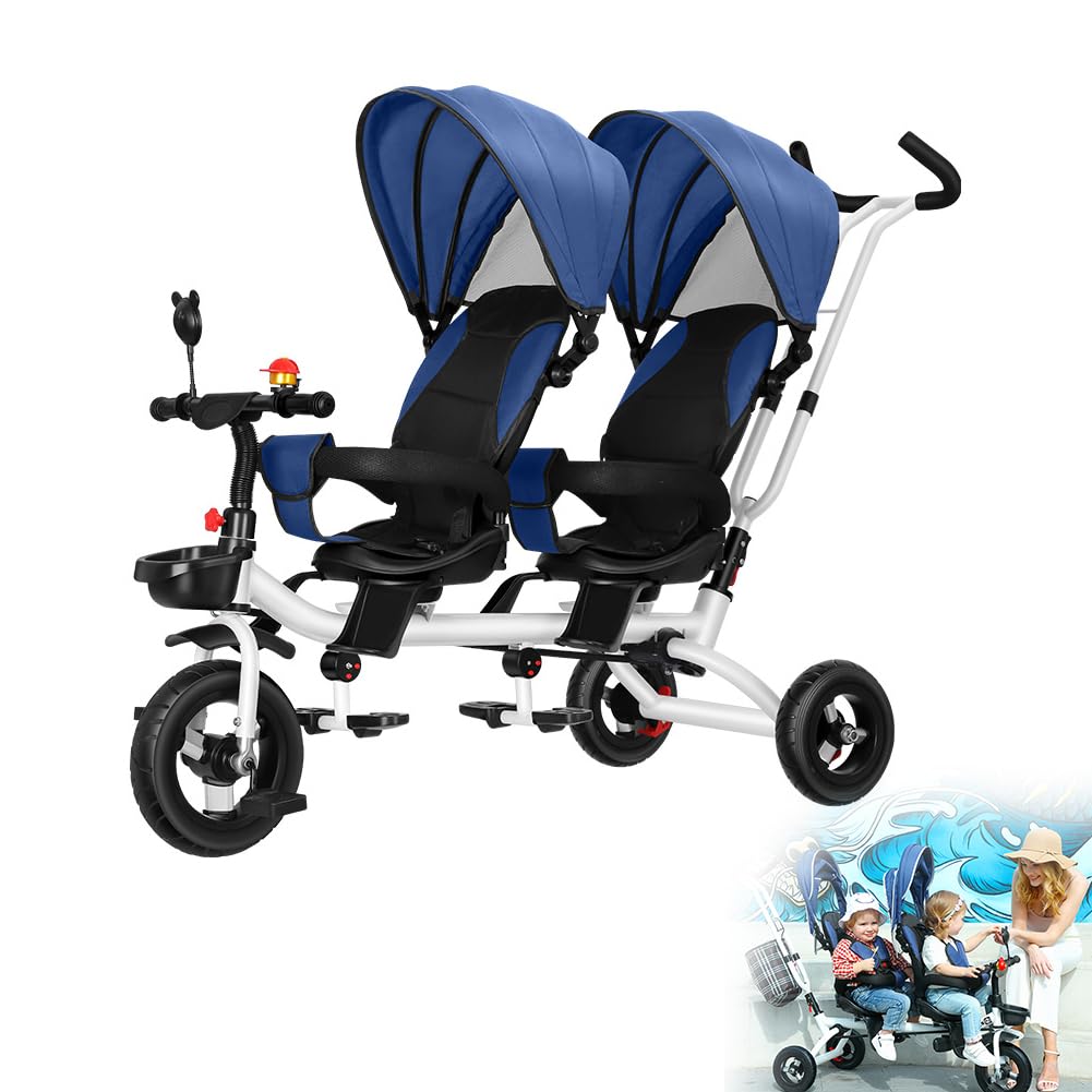 JUMEIYP Toddler Stroller Trike with Recline backrest,Toddler Buggies with Removable Canopy and Push Handle,Dual Seats Tandem tricycles for Age 1-5,Parent Push Trike with Swivel seat