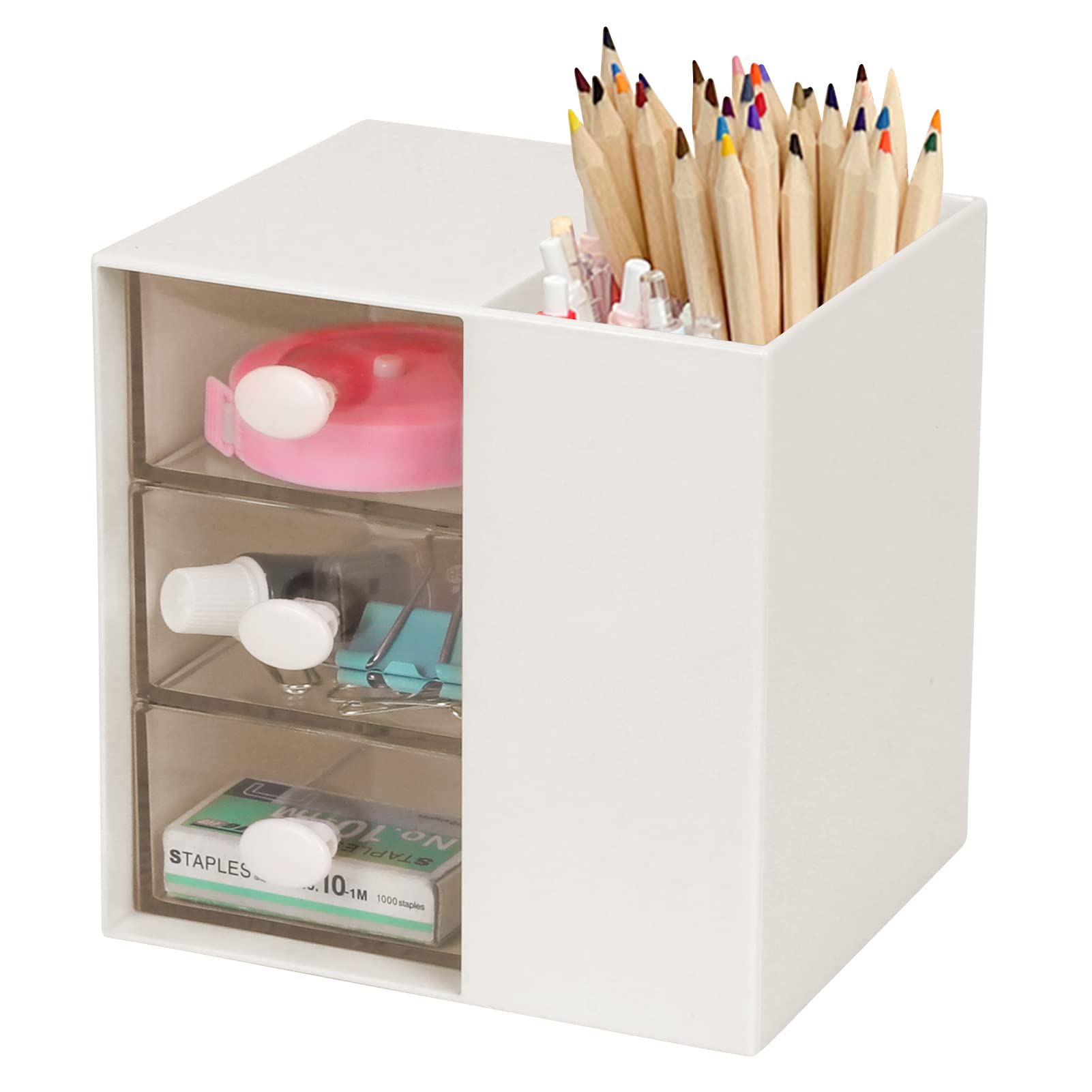 Toplive Desk Pencil Pen Holder, Office Desk Organizers Desktop Storage Pen Organizers with 3 Independent Drawers Stationery Supplies for Office,School,Home,White