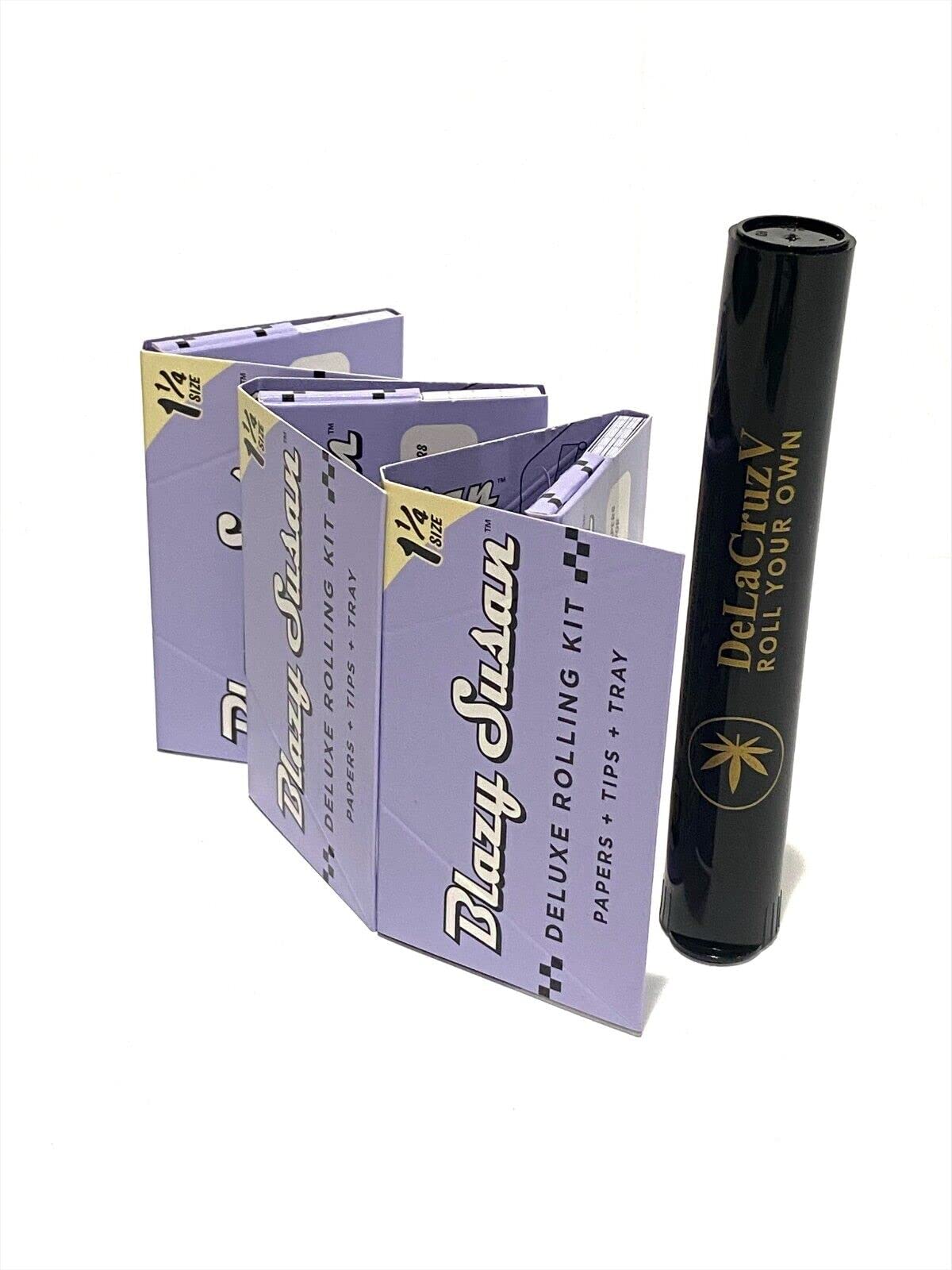 Blazy Susan Purple Rolling Paper 1 1/4 Deluxe-Paper and Tips 3 packs with DeLaCruzV Tube.