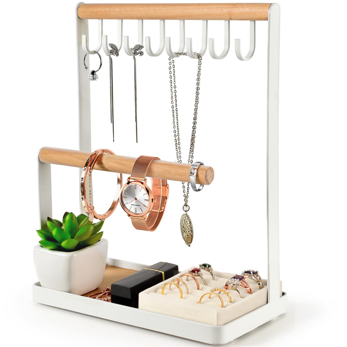 PAMANOPAMANO Jewelry Stand Organizer with Velvet Ring Holder, 3-Tier Necklace Hanging Wooden Ring Storage Earring Tray, 8 Hooks Bracelets,Rings & Watches Display On Desk Tabletop - White