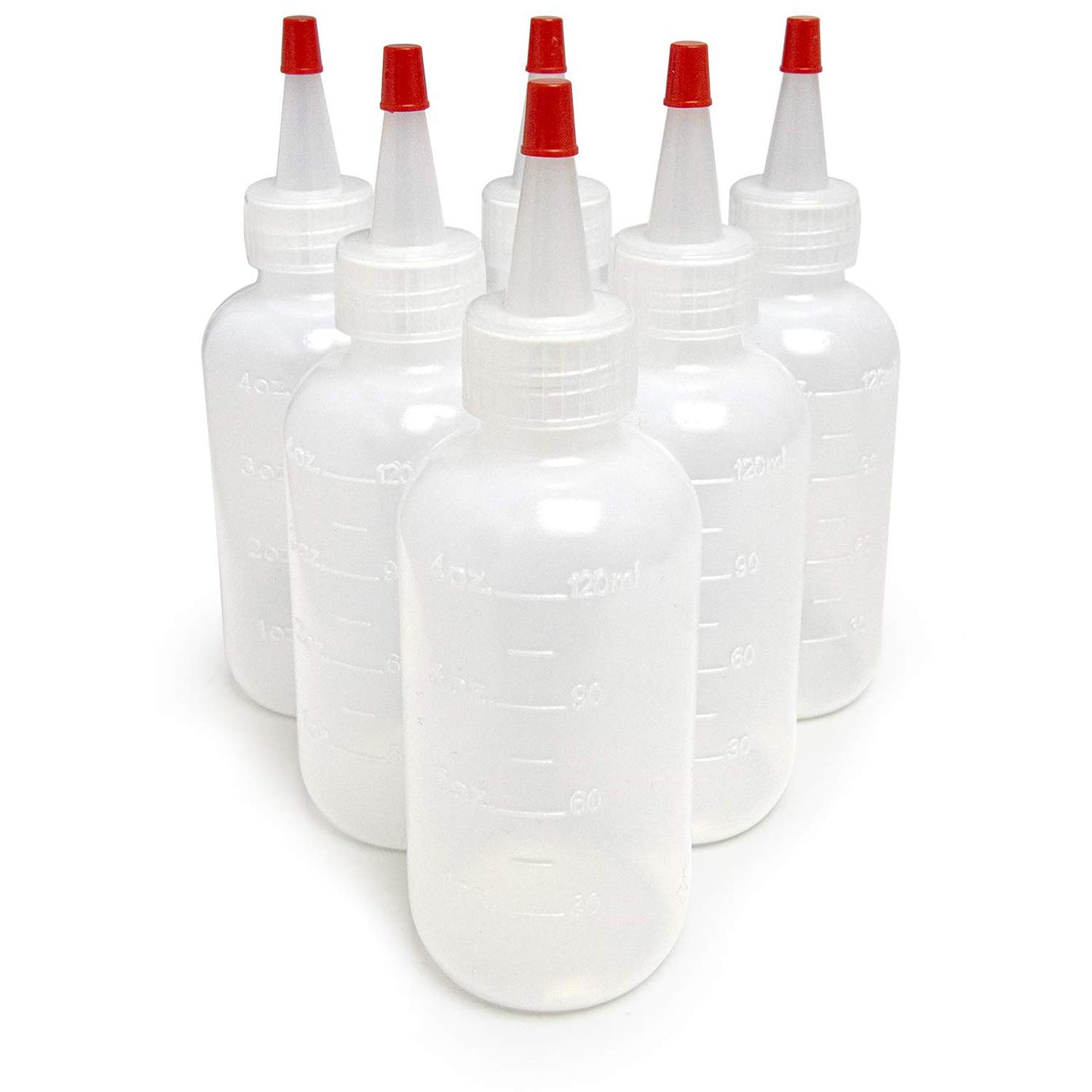 Plastic Bottles 120mL with Red Tip Caps and Measurements - Small Mini Squeeze Dispensing Bottle for Arts and Crafts, Paint, Icing, Liquids, Condiment, Glue, Sauces, and More ​- 6 Pack / 4 Ounce