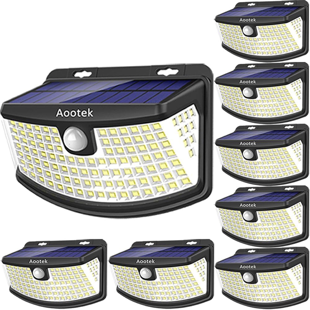 AootekNew Solar Lights 120 LEDs with Lights Reflector,270° Wide Angle, IP65 Waterproof, Easy-to-Install Security Lights for Front Door, Yard, Garage, Deck (8 Pack)