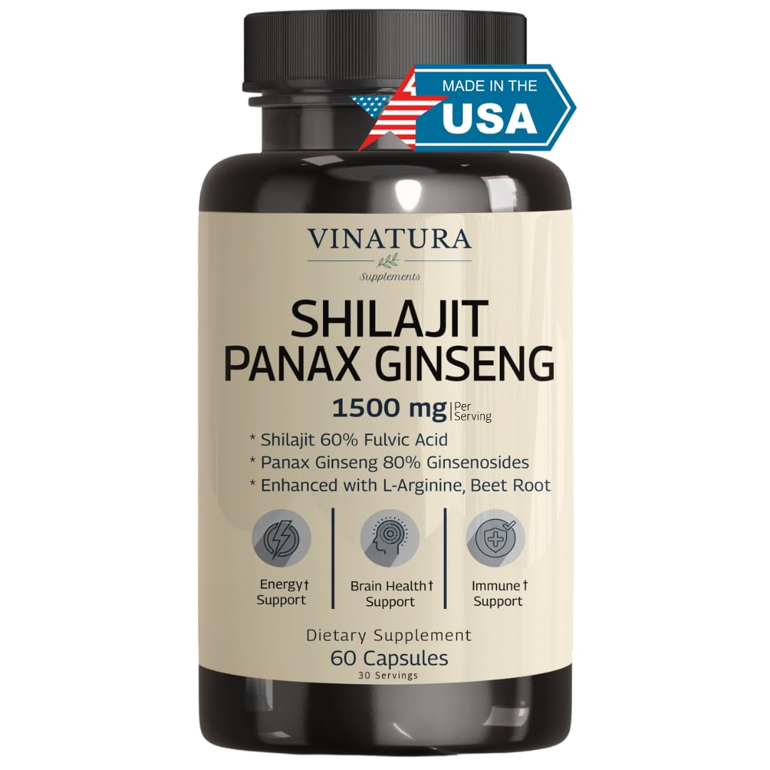 Shilajit Pure Himalayan Capsules (60% Fulvic Acid) - 1500mg with Panax Ginseng, Shilajit Supplement per Serving - High in Trace Minerals *USA Made & Tested* Immune Support