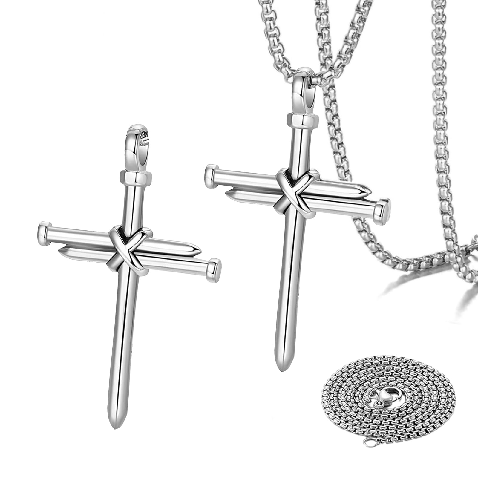 2 PCS Nail Cross Pendant for Men, Cross Pendant for Car Rear View Mirror Hanging, Cross Ornaments Pendant for Car, Truck, Home, Universal Interior Decor Car Accessories (Silver)