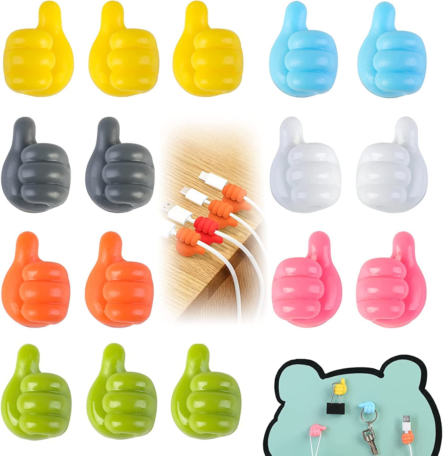 HOME STUFFS Thumb Wall Hook,Silicone Wall Hook Creative Thumbs Up Shape Wall Hook, Multifunctional Thumb Hook Holder Cable Clip Organizer Key Hook Wall Hangers for Home Office Bedroom(12Pcs,Anycolour)