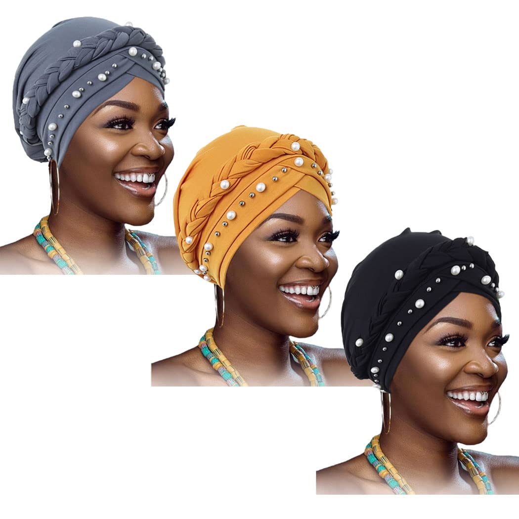 African Turban Head Wraps Black Pearls Head Scarf Braid Pre-Tied Soft Head Cover Cap Headwear for Women and Girls(Pack of 3)