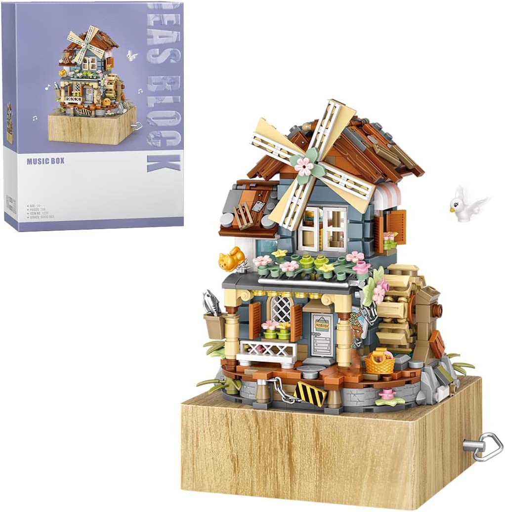 Street View Windmill Music Box Bricks Model Set, 799Pcs DIY Building Block Assembly Mini Particle Construction Toy - Not Compatible with Lego