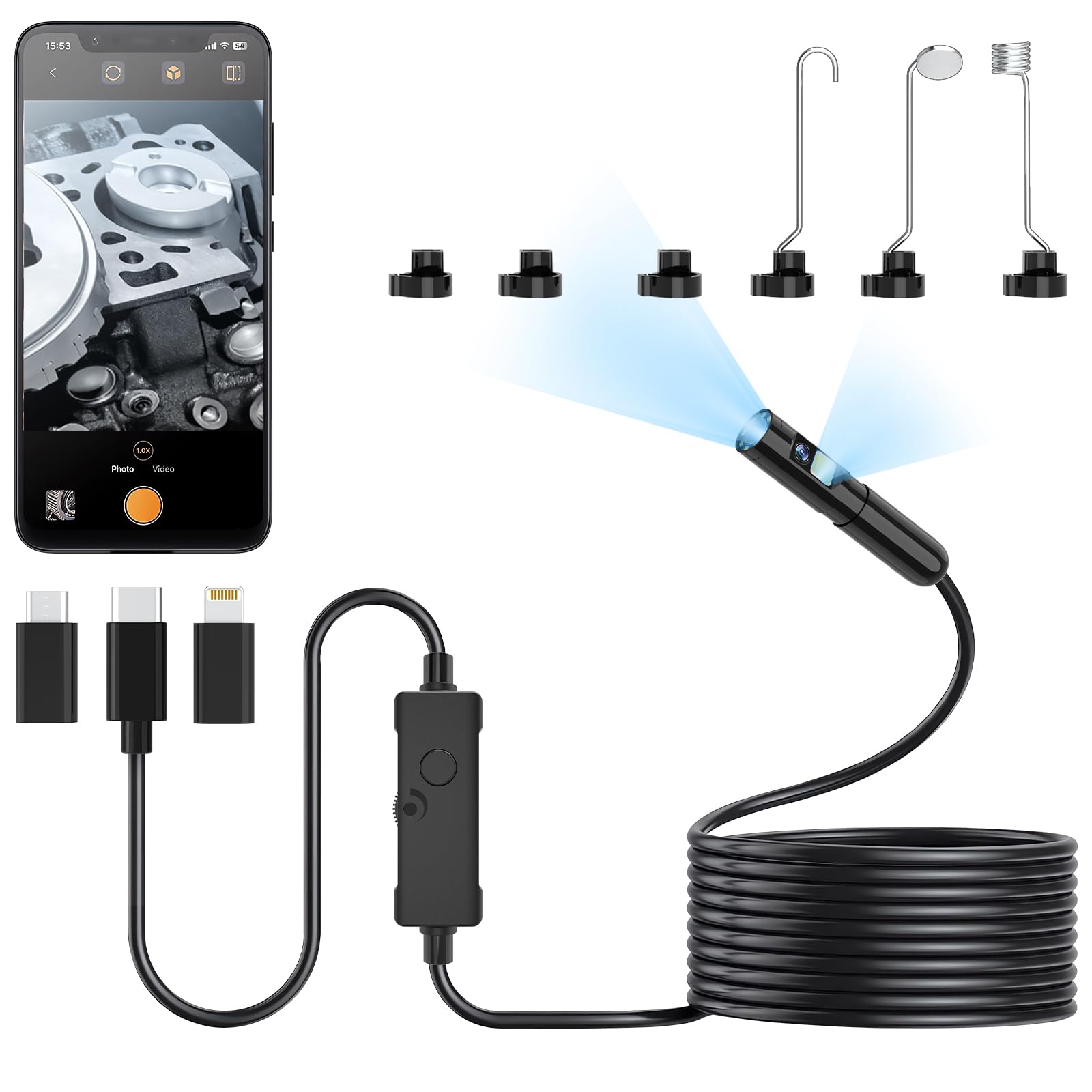 Dual Lens Endoscope Camera with Light for iPhone or Android Phone 1920P HD Borescope 9.84FT Semi Rigid Snake Camera IP67 Waterproof 8 LED Light Brightness Adjustable 7.9mm Diameter Inspection Camera