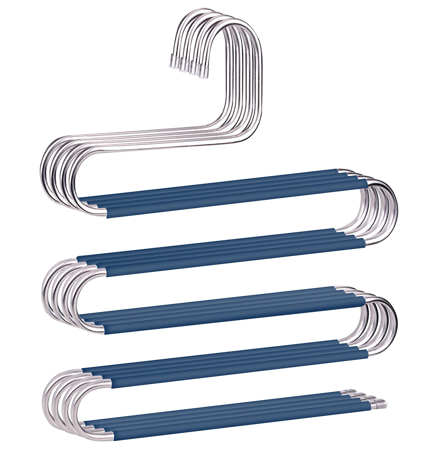 Pants Hangers Non Slip Space Saving Hangers 4 Pack S-Shape Trousers Hangers Stainless Steel Clothes Hangers Closet Organizer for Pants Jeans Scarf Trouser Tie Towel(4 Pack Blue)