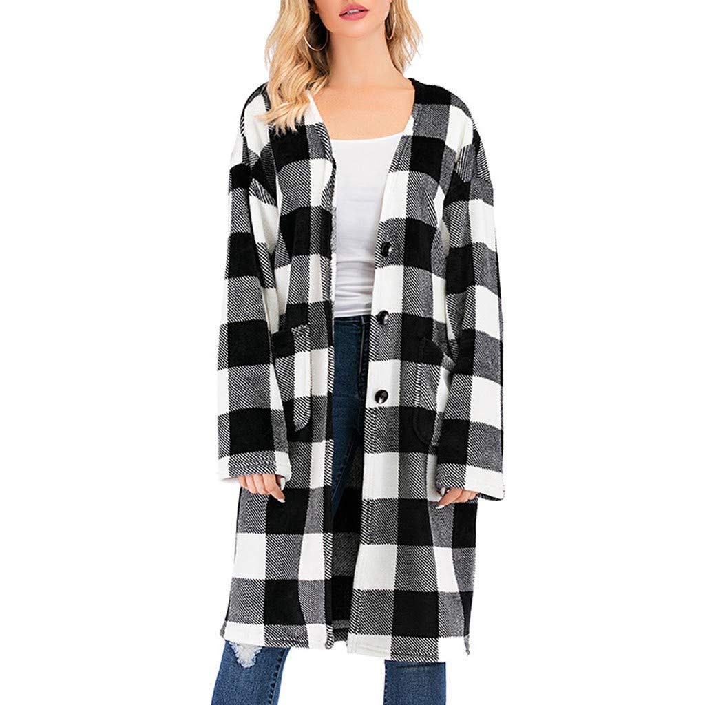 Lazzboy WomenCardigan Coat Plaid Checkered Print Casual Loose Pocket Elegant Plus Size Long Jacket Parka Outwear