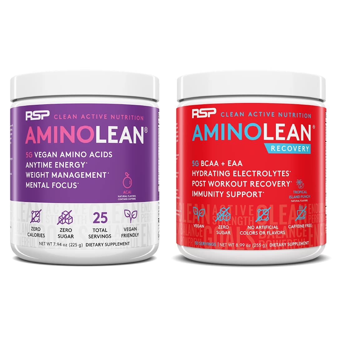 RSP NUTRITIONVegan AminoLean Pre Workout Energy (Acai 25 Servings) with AminoLean Recovery Post Workout Boost (Tropical Island Punch 30 Servings)