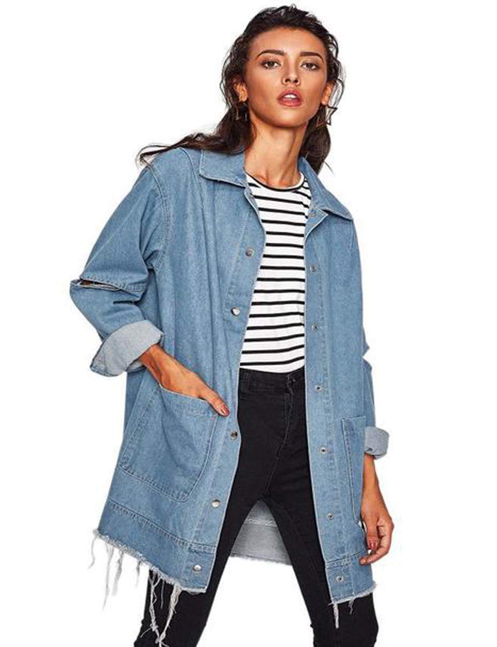 Tronjori Womens Boyfriend Denim Washed Jacket Loose Jean Jacket Coats with Long Sleeves