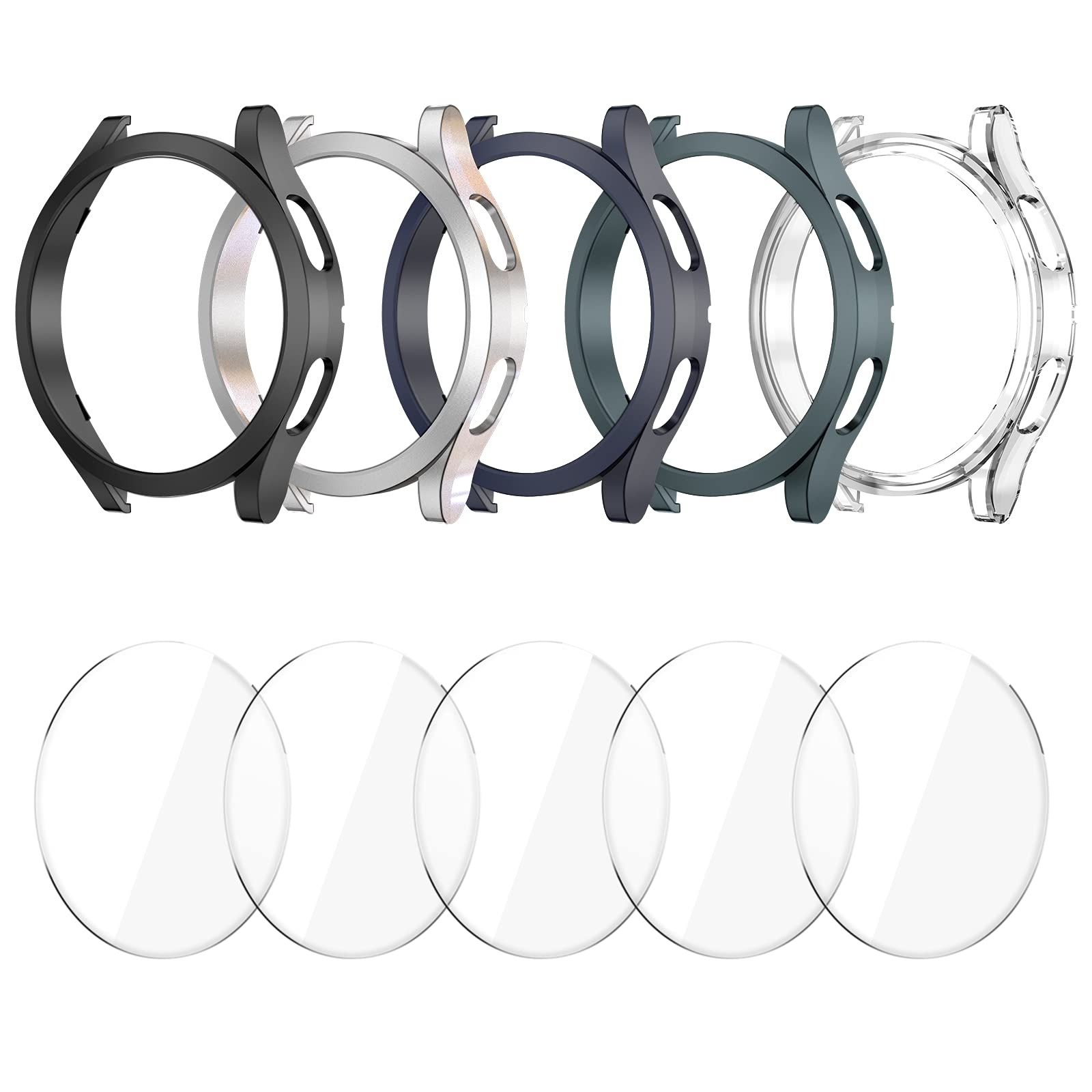 [5+5 Pack] Compatible for Samsung Galaxy Watch 4 44mm Screen Protector Case,Matte PC Bumper Cover+5 Tempered Glass Screen Protector Films for Galaxy Watch4 Accessories