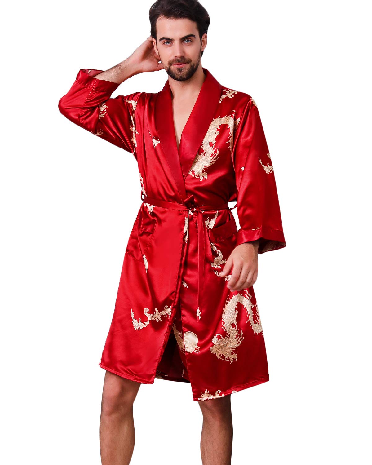 Men's Satin Robe Dragon Luxurious Silk Spa Long Sleeve House Kimono Bathrobe