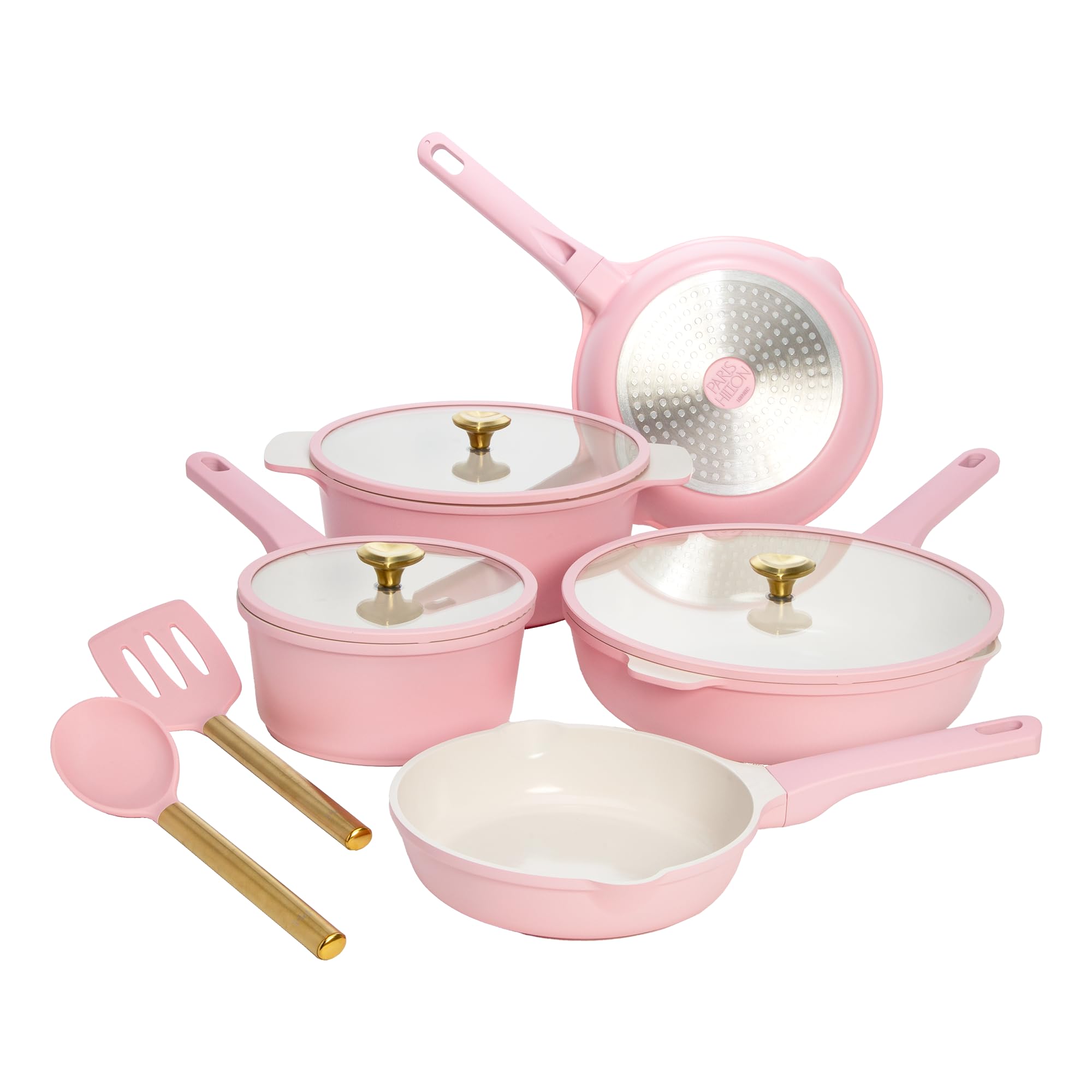 Paris Hilton Ceramic Nonstick Cookware Set, Cast Aluminum with Dual Layer Nonstick Coating, Gold Heart Knobs, Stay-Cool Handles, Made without PFAS, PFOA, PFOS & PTFE, Dishwasher Safe, 10-Piece, Pink