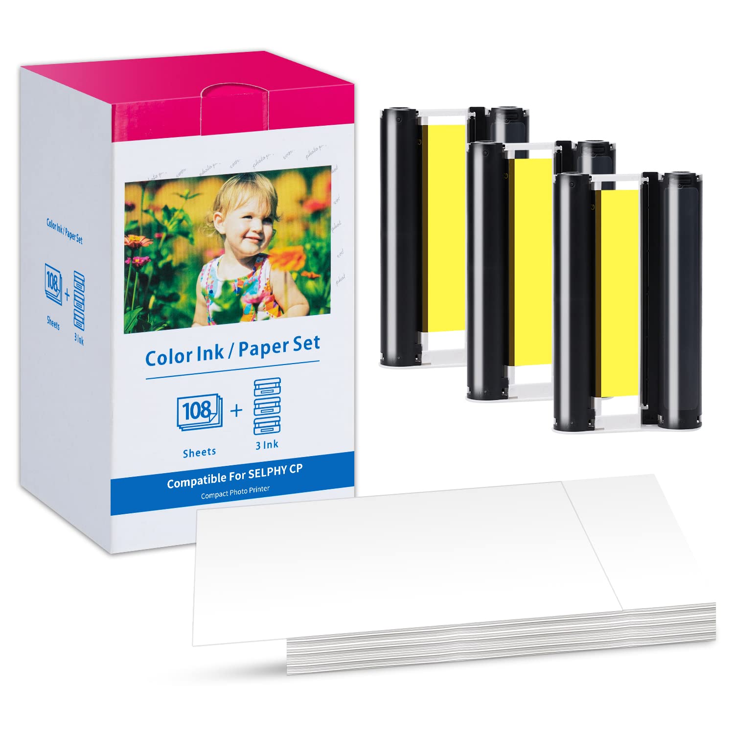 Compatible Canon KP-108IN KP108 3 Color Ink Cartridges and 108 Sheets Paper Set, 6"(100 x148mm) for Canon Selphy CP1300, CP1200, CP910, CP900, CP760, CP770, CP780, CP800 Wireless Compact Photo Printer