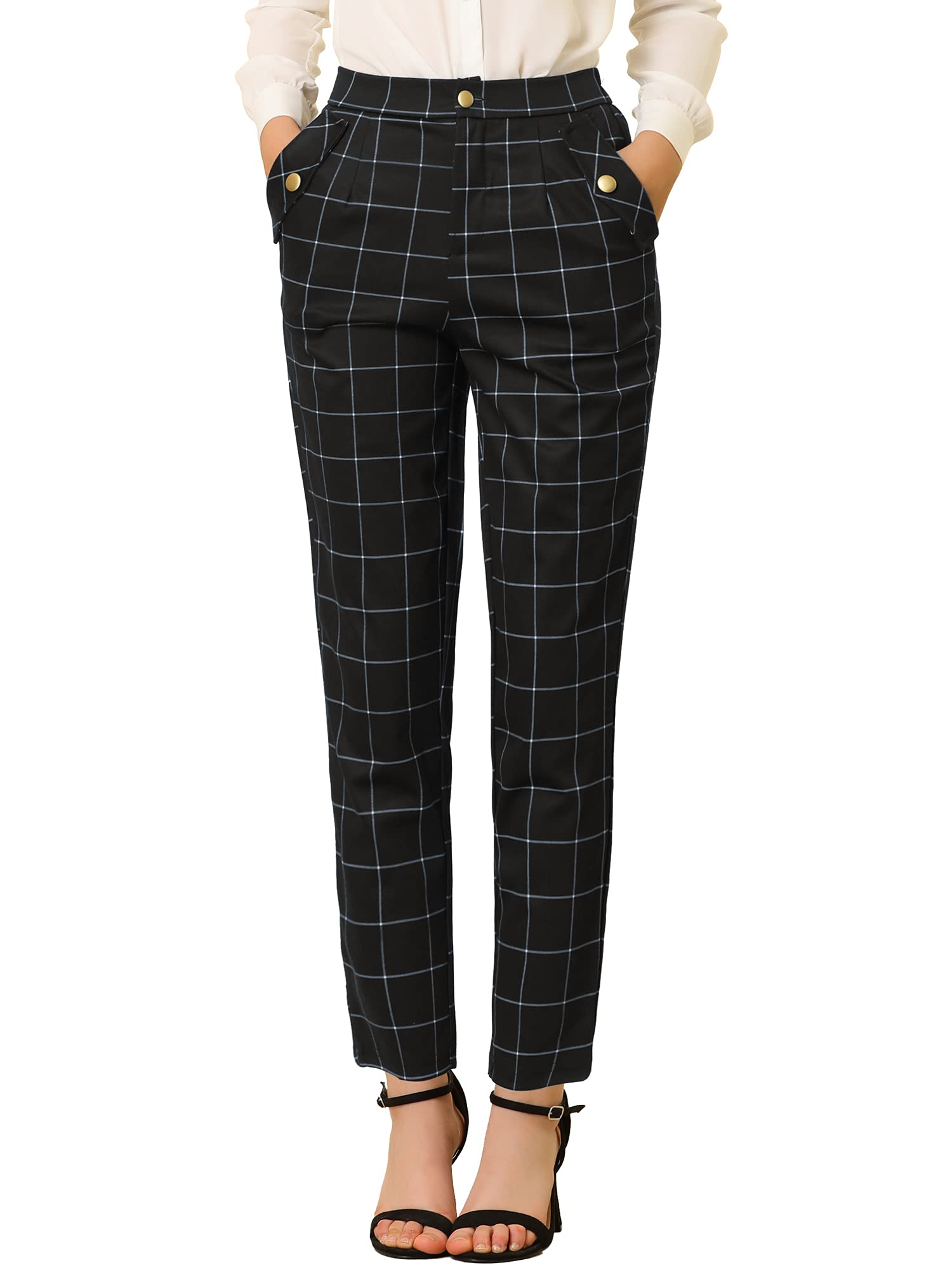 Allegra KWomen's Vintage Tartan Plaid Pants Elastic Waist Straight Long Trousers