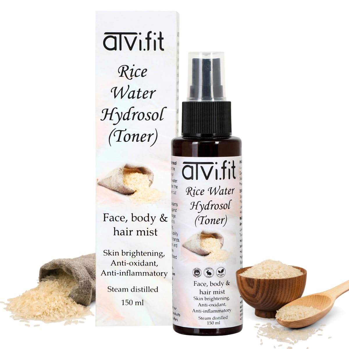 Atvi.fit Rice Water Toner/Mist Spray/Hydrosol - Hydrating,Nourishing Skin & Hair Care - Brightens, Revitalizes, Softens - For All Types - Daily Use