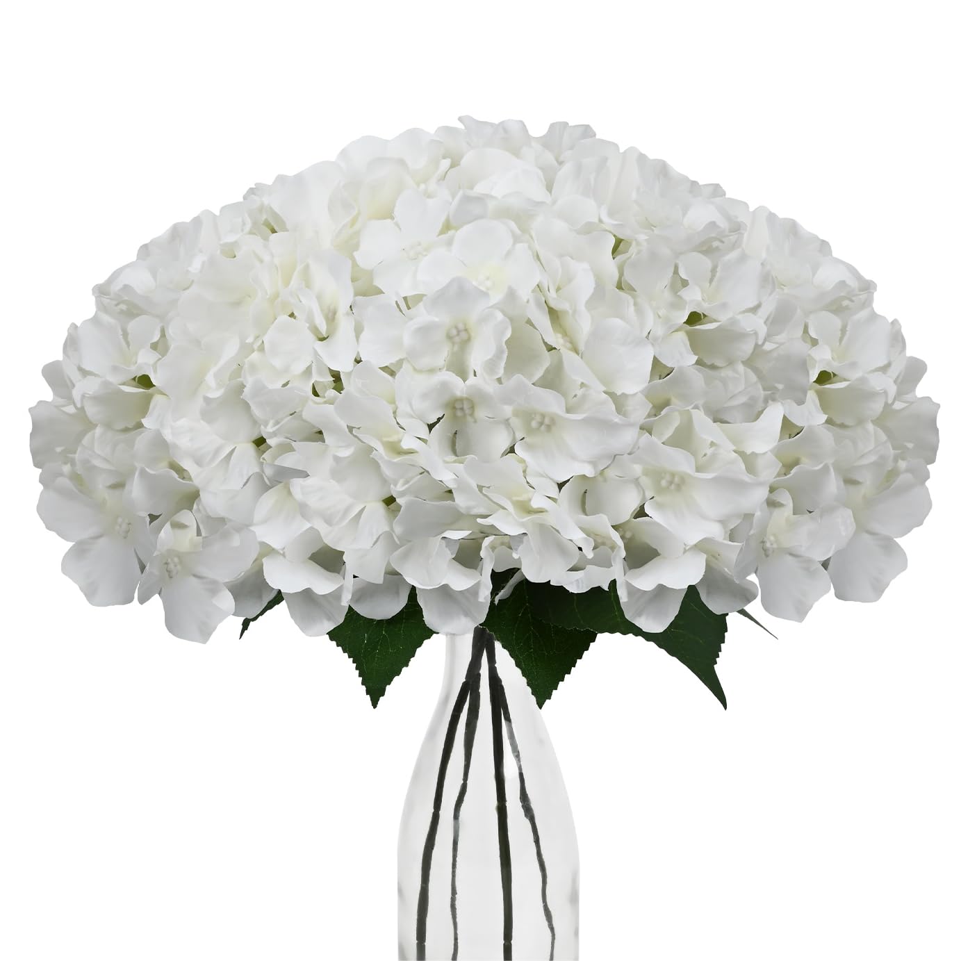 Sunm Boutique 5 Pcs Hydrangea Artificial Flower with Stems and Leaves Faux Hydrangea Flower Head Fake Flower Bouquet for Wedding Birthday Party Garden Home Table Centerpiece Floral Decor (White)