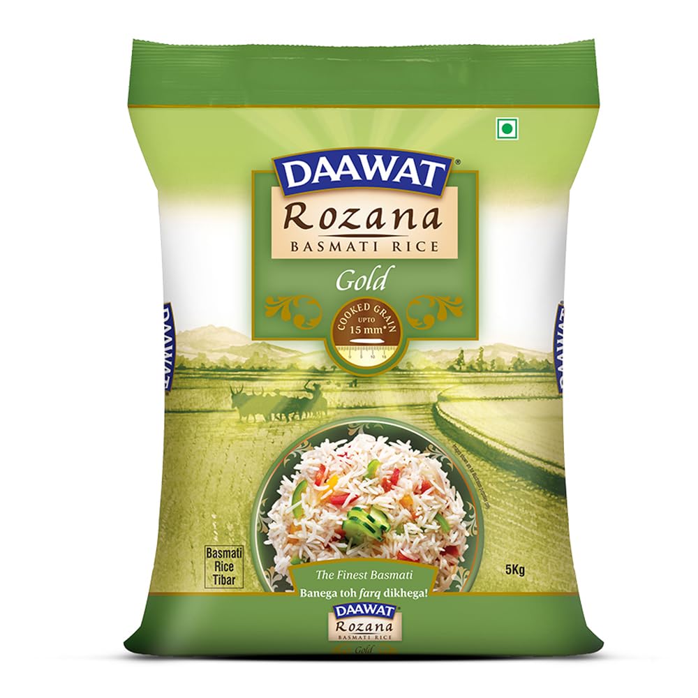 Daawat Rozana Gold Basmati Rice 5Kg| For Everyday Consumption| Cooked Grain Upto 15mm*| Naturally Aged