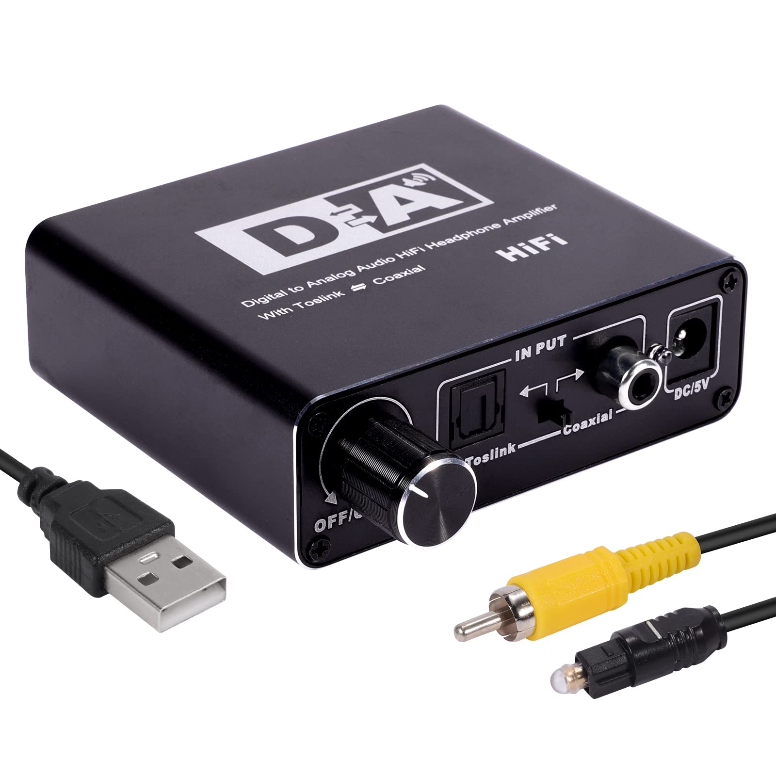 192KHz Digital to Analog Audio Converter with Volume Adjustment, Optical/Toslink SPDIF/Coaxial to Analog Stereo RCA & 3.5mm Jack Converter for PS4 TV Home Cinema with Optical Coaxial USB Power Cable