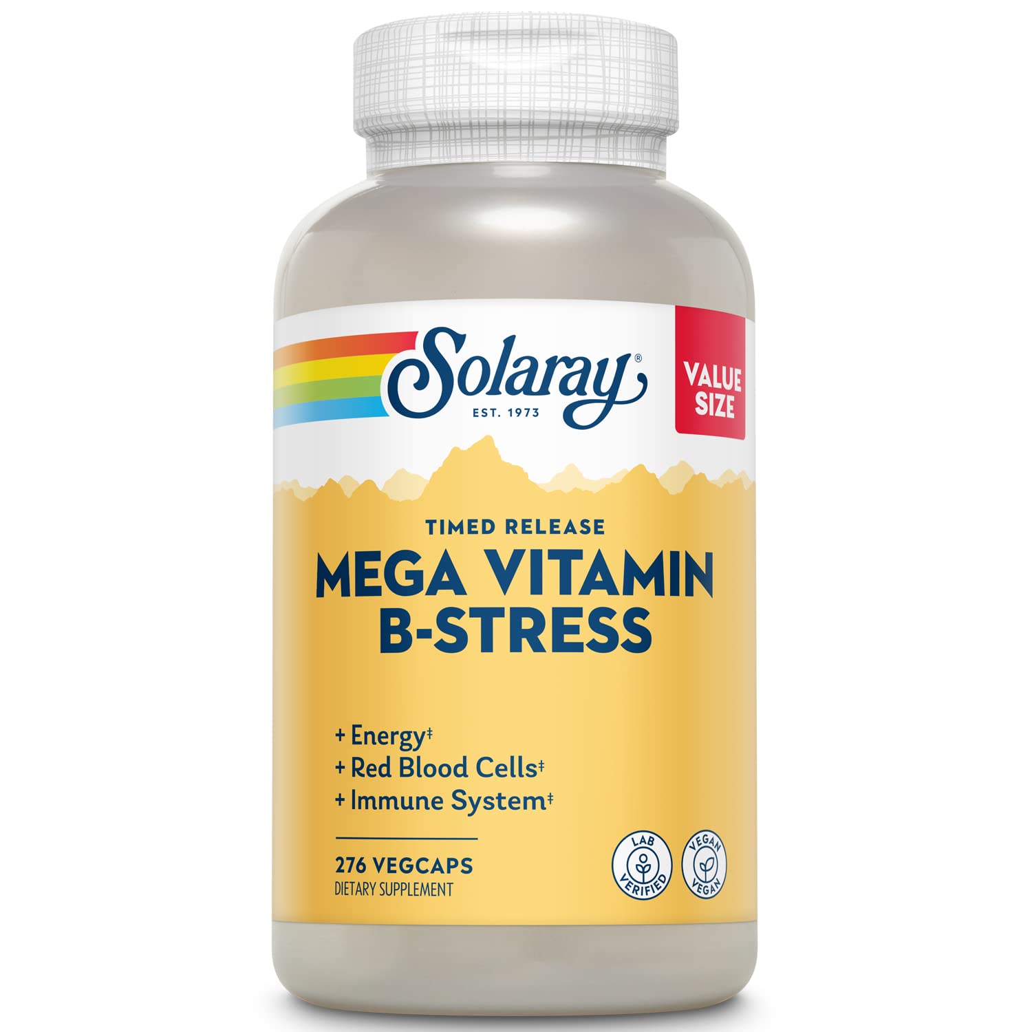 SOLARAY Mega Vitamin B-Stress - Timed Release Vitamin B Complex w/Vitamin B12, B6, Folic Acid, VIT. C - Stress, Energy, Red Blood Cell, Immune Support - Vegan, 60-Day Guarantee (276 CT)