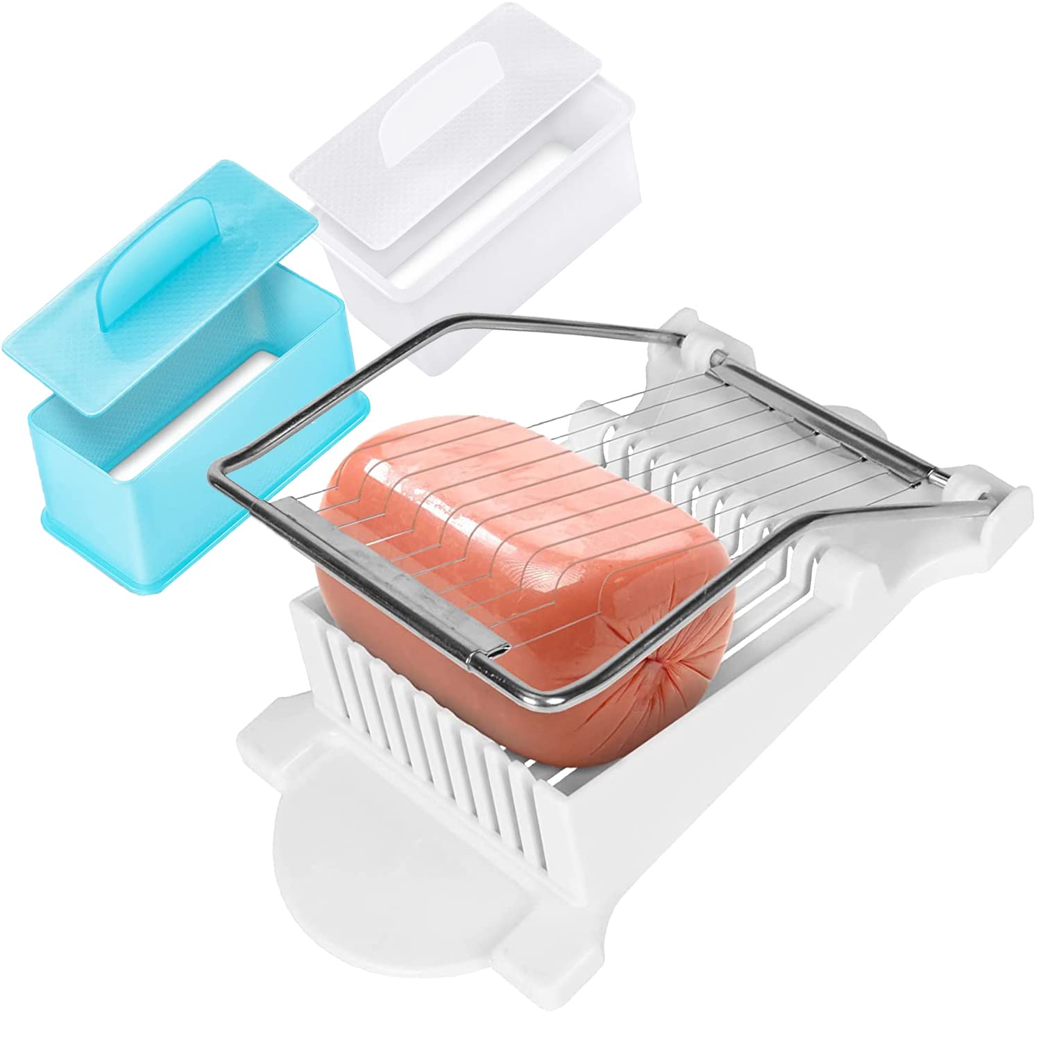 Spam Musubi Mold, Spam Slicer Musubi Maker Kit Onigiri Musubi Mold, Egg Cutter for Boiled Eggs, Cheese Strawberry Apple Luncheon Meat Hot Dog Slicer White