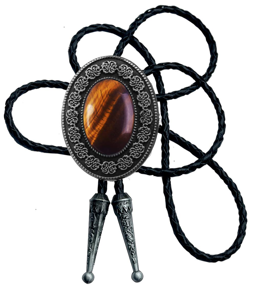 Moranse Bolo Tie with Natural Tiger Eye Stone Celtic Style Genuine and Cowhide Rope