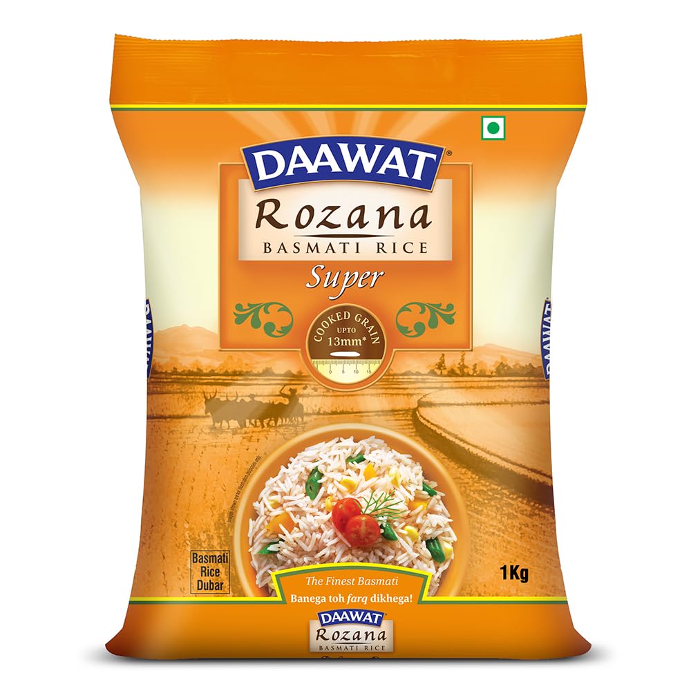 Daawat Rozana Super Basmati Rice 1Kg| For Everyday Consumption| Cooked Grain Upto 13mm*| Naturally Aged